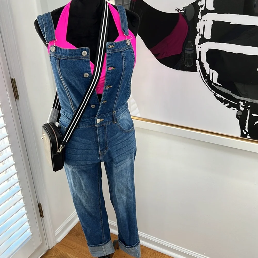 Love Tree Denim Racerback Button Bib Overalls, Size S
